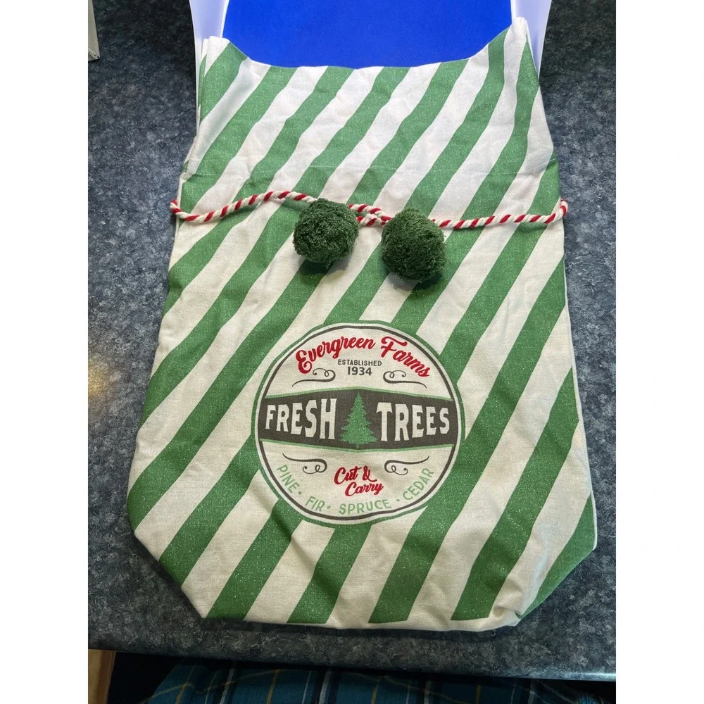 Evergreen Farms Fresh Trees Christmas Gift Sack GreenWhite Stripe Drawstring Bag
